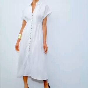 Zara White Button-Front Midi Shirt Dress